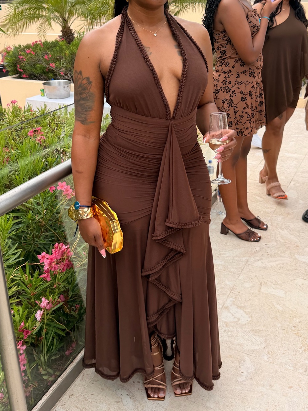 AKIRA Brown Halter Ruffle Maxi Dress